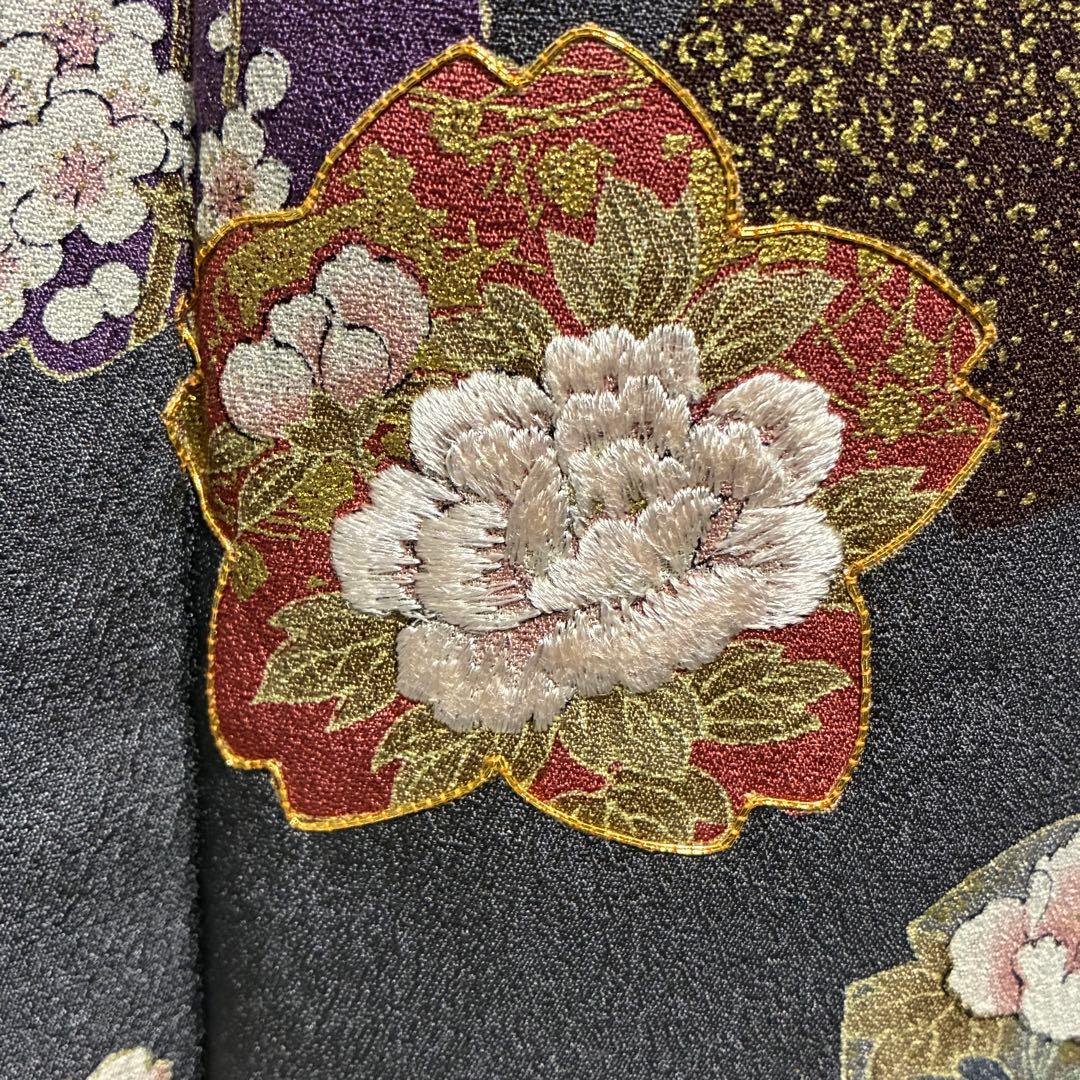 D137 訪問着　桜　金駒刺繍　花模様　ちりめん　極美品
