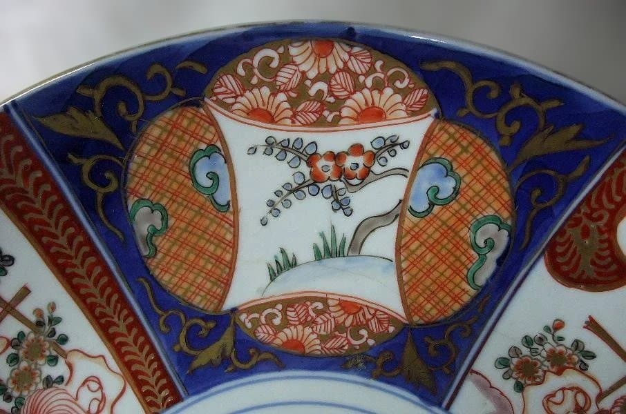 伊万里 染付 色絵 窓絵 盛り上 花づくし (明治期) 大皿 37cm 骨董