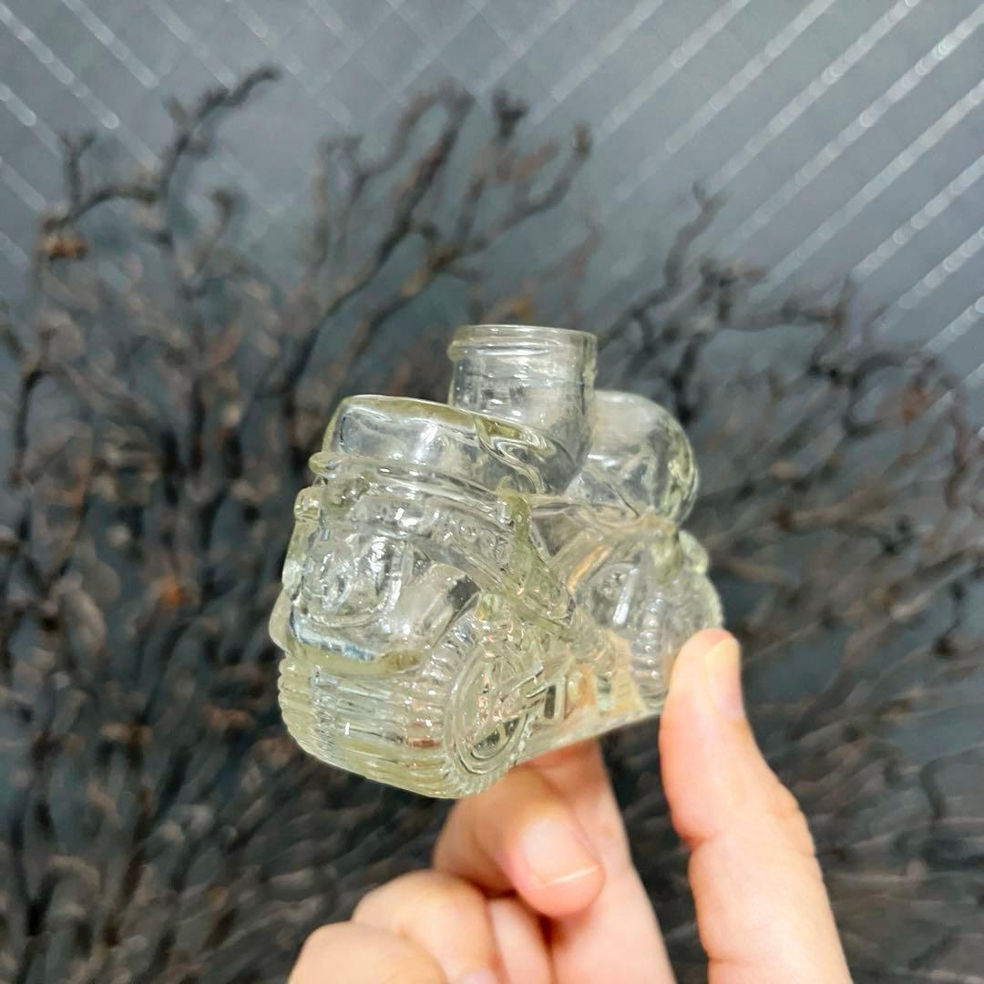 骨董　レトロガラス　時代　金平糖瓶　菓子瓶　バイク　単車　エンボス　ウラン