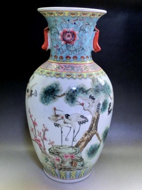 壷■鶴松竹梅耳付き大瓶 大清乾隆年製 伴富貴住田沸堂春 花瓶 花唐草紋 骨董品■