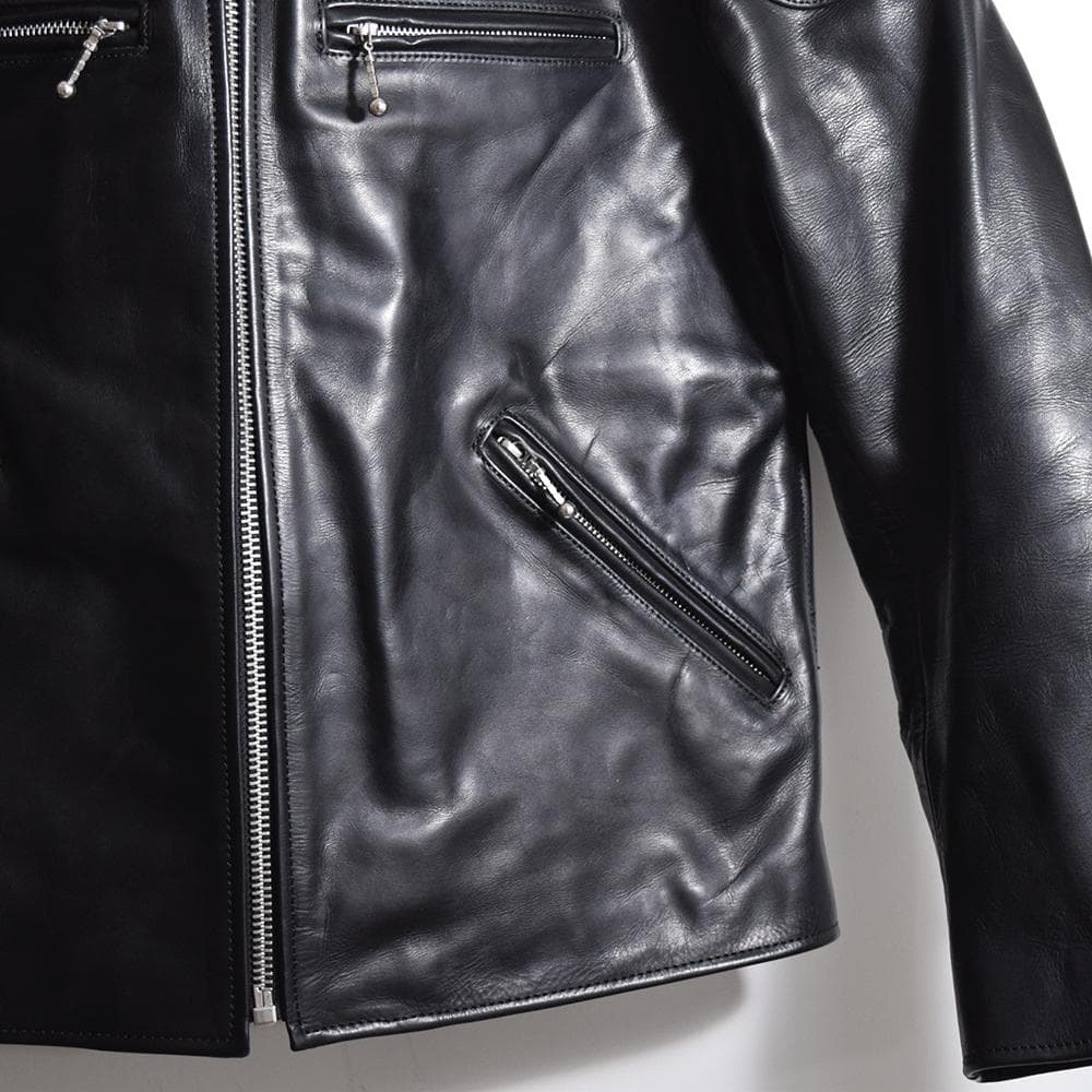 イタリア製 馬革 ホースハイド パテッド レザーライダース ジャケット 黒 XL