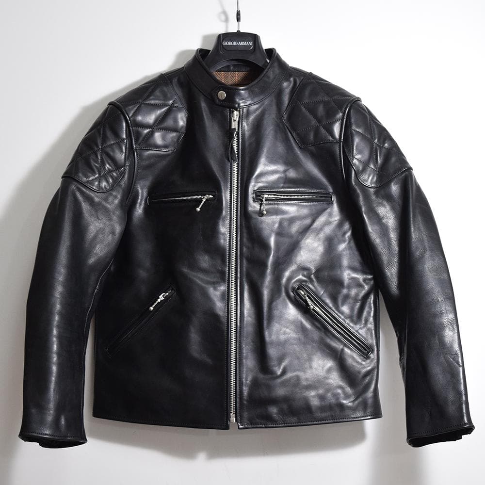 イタリア製 馬革 ホースハイド パテッド レザーライダース ジャケット 黒 XL