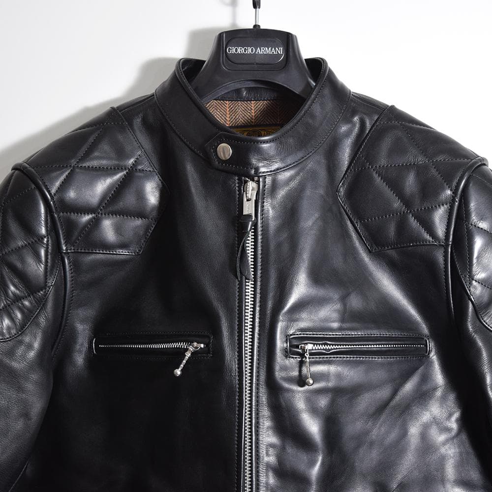 イタリア製 馬革 ホースハイド パテッド レザーライダース ジャケット 黒 XL
