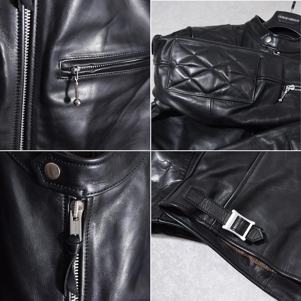 イタリア製 馬革 ホースハイド パテッド レザーライダース ジャケット 黒 XL