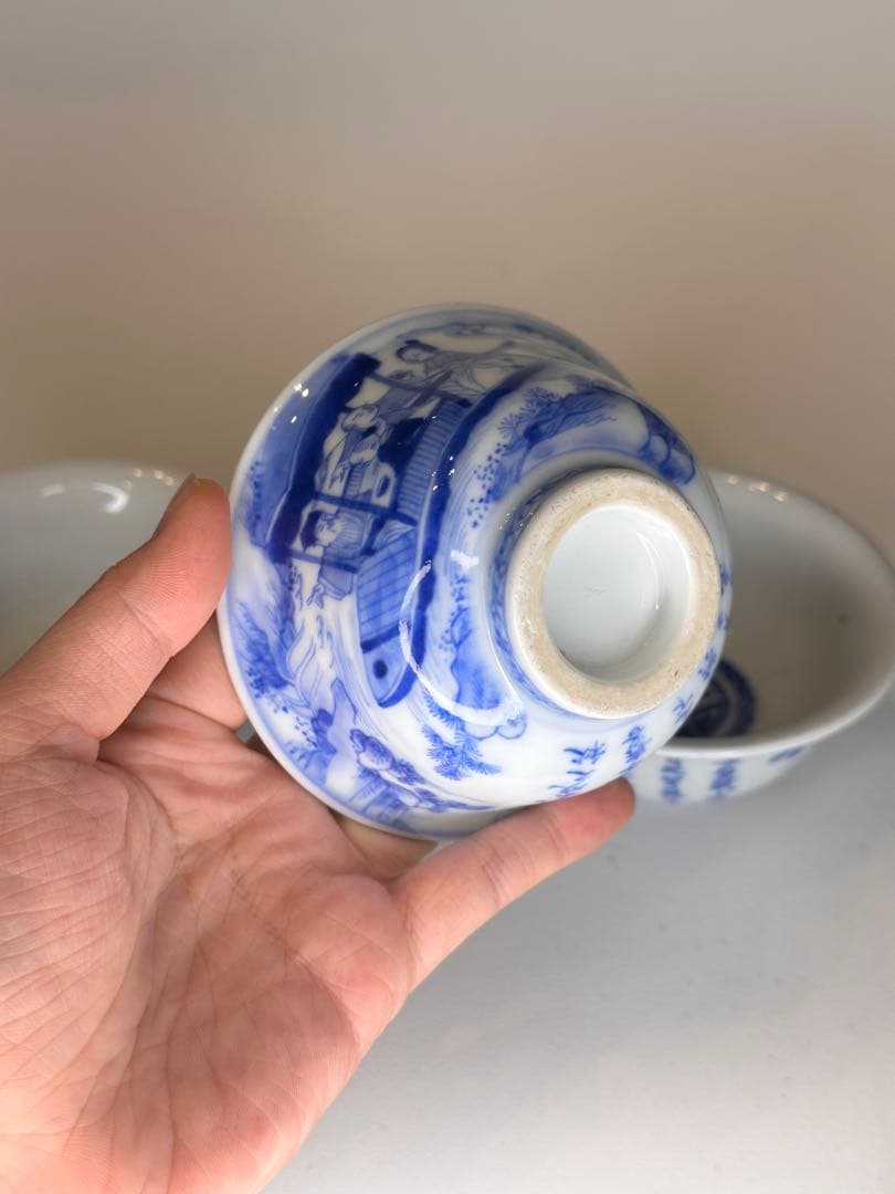 清時代　青花　染付　人物泛舟文　盃　三点組　詩文有　中国古美術