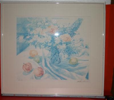 ★国仲真由美★綺麗なリトグラフ★『卓上の静物：ガラス花瓶の花束とりんご』です。★