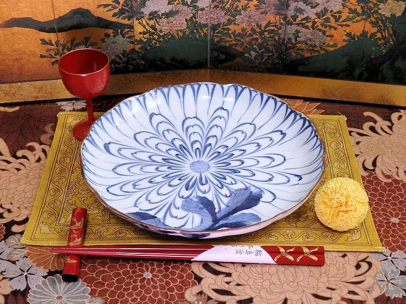 DAj 古伊万里　染付　菊花紋様の図　７寸皿