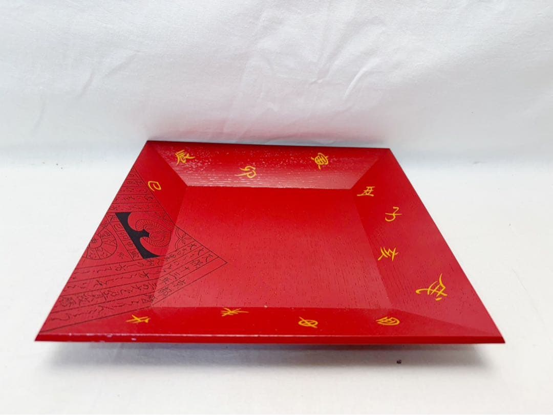 未使用 茶道具 漆匠 南斎造 木製 暦絵 朱四方盆 干菓子器 底サイン 共箱