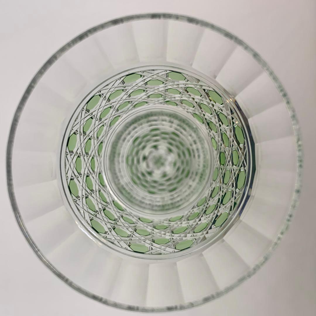 カガミクリスタル 江戸切子 フルートシャンパングラス 緑 Kagami刻印有