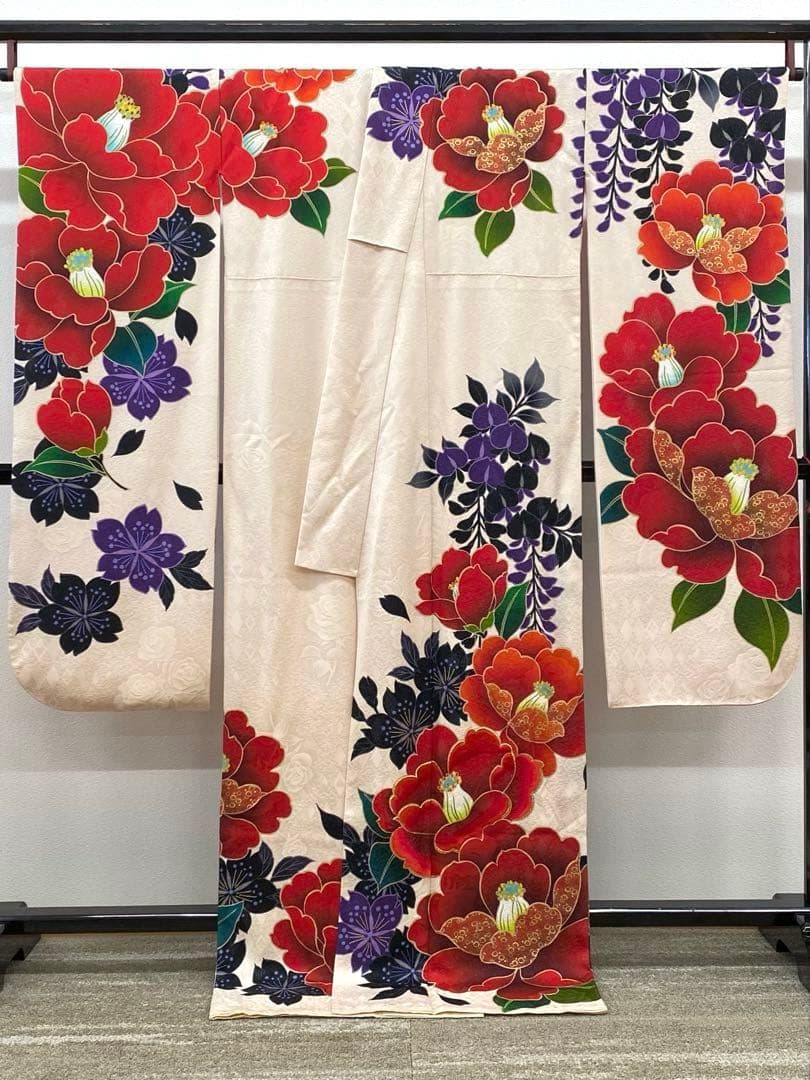 振袖 豪華 銀通し 刺繍 金彩 椿 大輪 身丈173cm パールトーン加工済