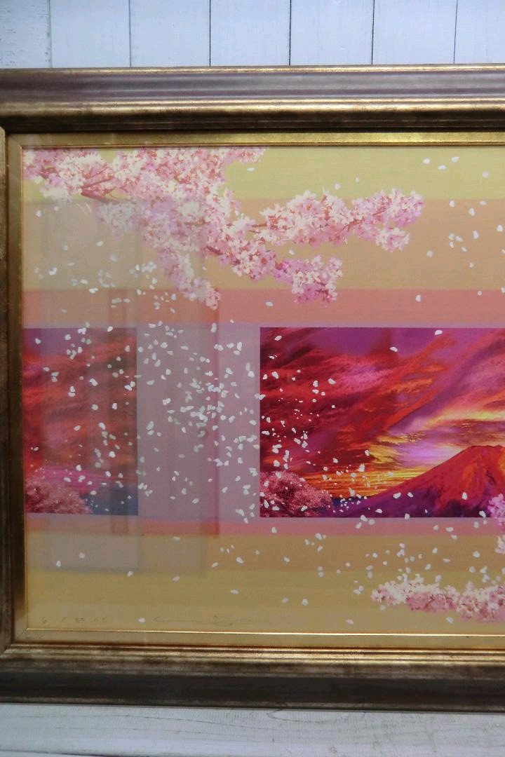 シルクスクリーン 満開の桜枝に赤富士 額装品 吉祥 開運 満願成就 F11134