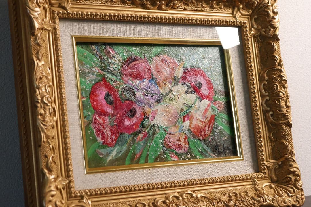 【真作】中島裕子 油彩 SM号「ファンタジーの花々」額装 ポピー 薔薇CM173