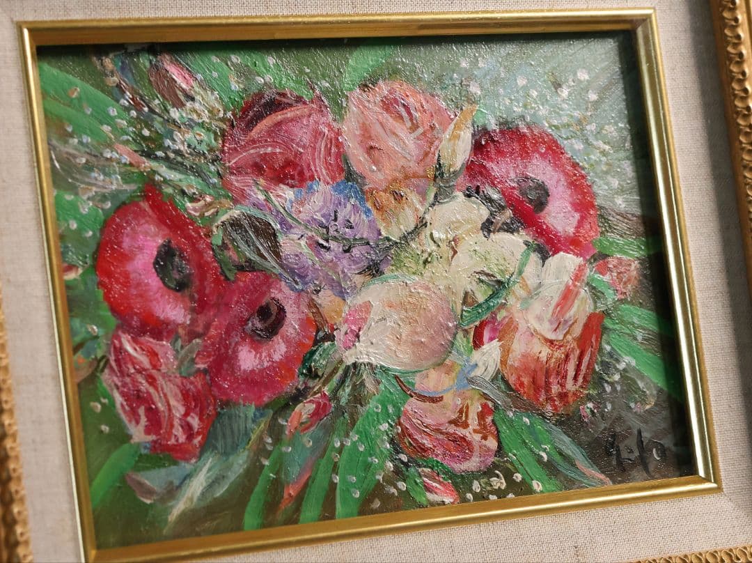 【真作】中島裕子 油彩 SM号「ファンタジーの花々」額装 ポピー 薔薇CM173