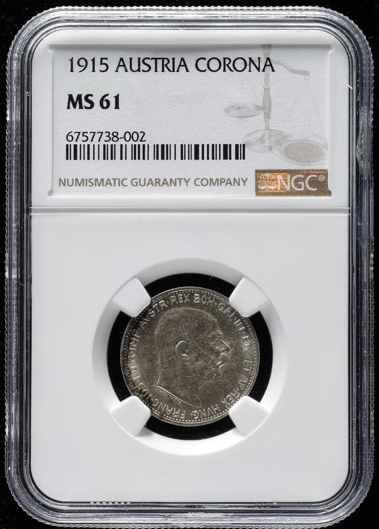 NGC-MS61 1915　オーストリア　フランツ・ヨーゼフ1世月桂冠と帝冠銀貨