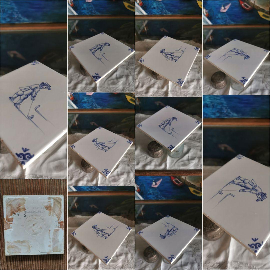 ヴィンテージ/アンティーク デルフト焼タイル コバルト手描 ゴルフショットの紳士