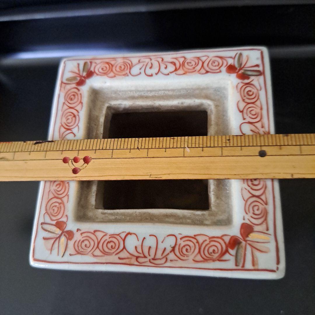 九谷　超極上　吉田窯　角形四面香炉　赤二重角福　　金彩赤絵　細密四面　獅子蓋付き