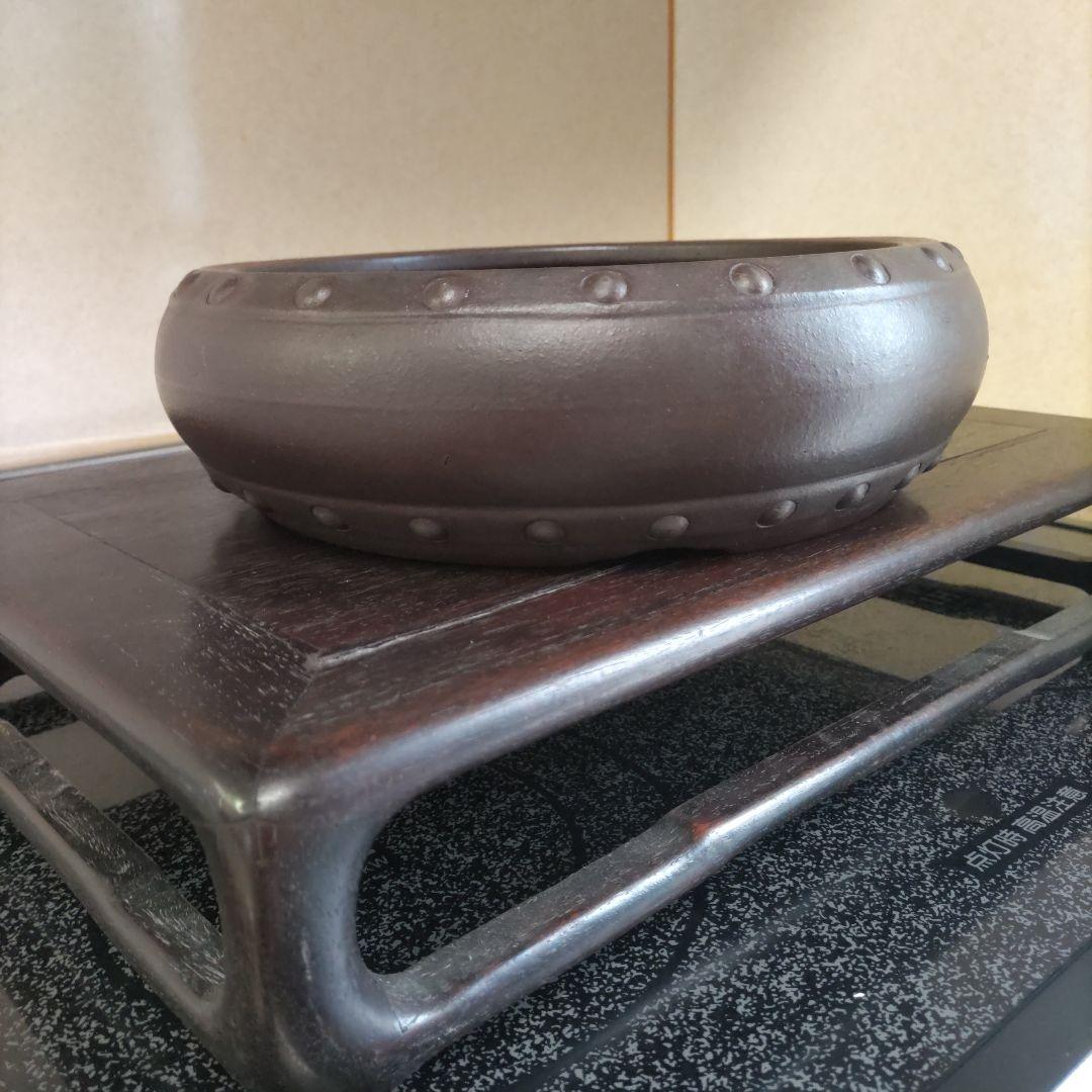 盆栽鉢、植木鉢、 時代鉢、 山秋 落款 、紫泥 、太鼓胴丸鉢、杭打ち鉢