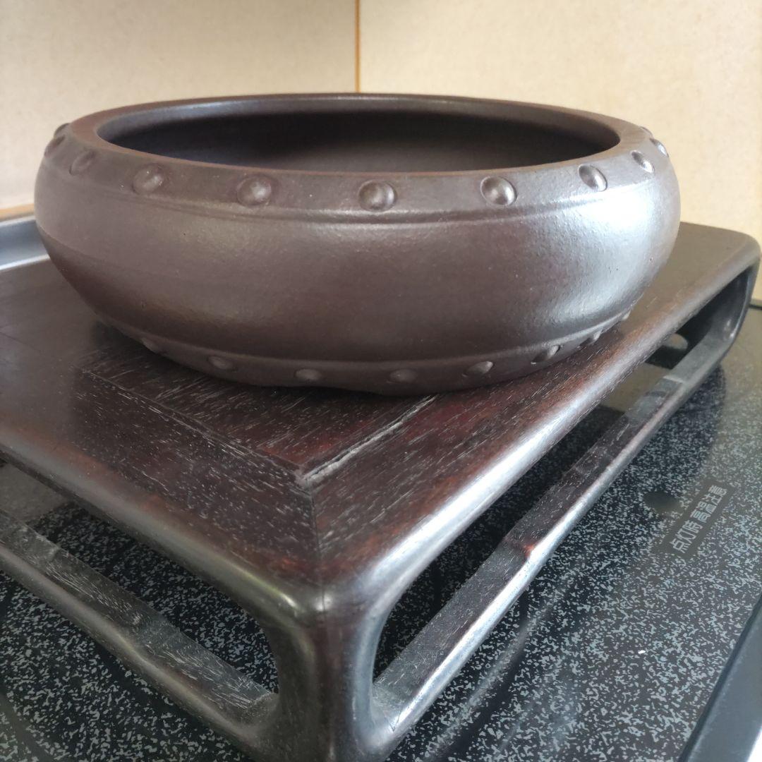 盆栽鉢、植木鉢、 時代鉢、 山秋 落款 、紫泥 、太鼓胴丸鉢、杭打ち鉢