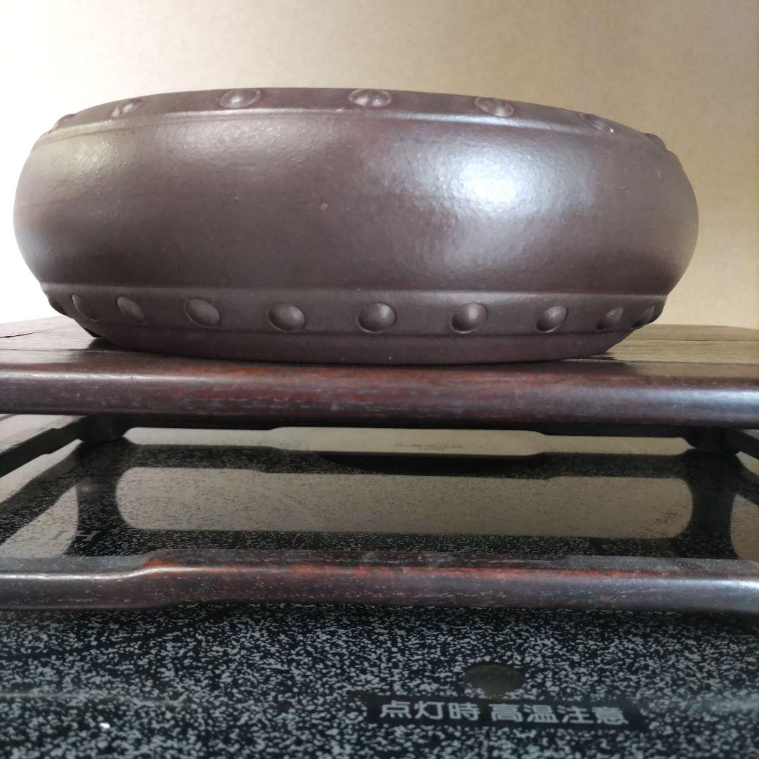 盆栽鉢、植木鉢、 時代鉢、 山秋 落款 、紫泥 、太鼓胴丸鉢、杭打ち鉢