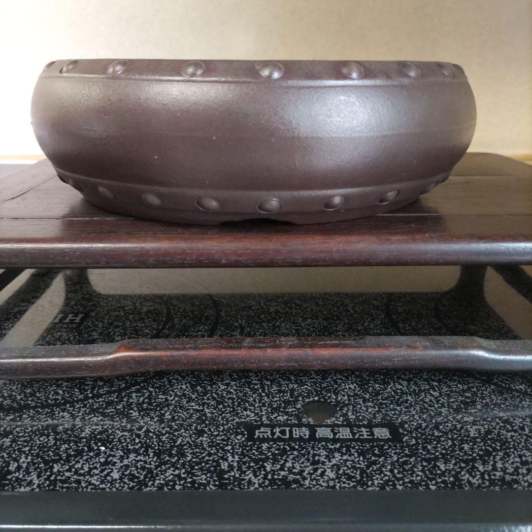 盆栽鉢、植木鉢、 時代鉢、 山秋 落款 、紫泥 、太鼓胴丸鉢、杭打ち鉢