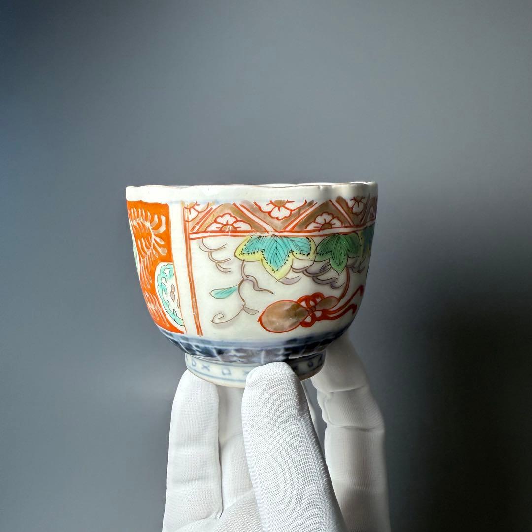 江戸後期　古伊万里　色絵金瓢箪文輪花形向付　五客　○×高台　小鉢　蕎麦猪口