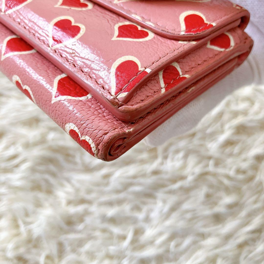 ミュウミュウ 三つ折り財布 コンパクトウォレット ピンク パターンハート 総柄