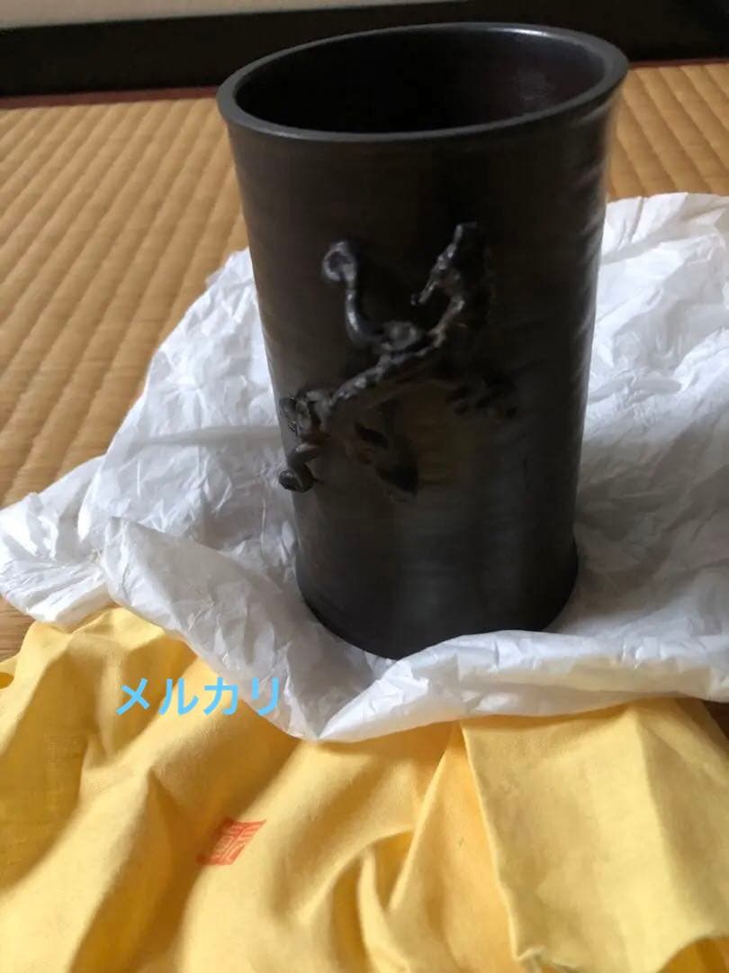 鋳銅　雨龍紋　筆筒　須賀月真氏作　共箱入