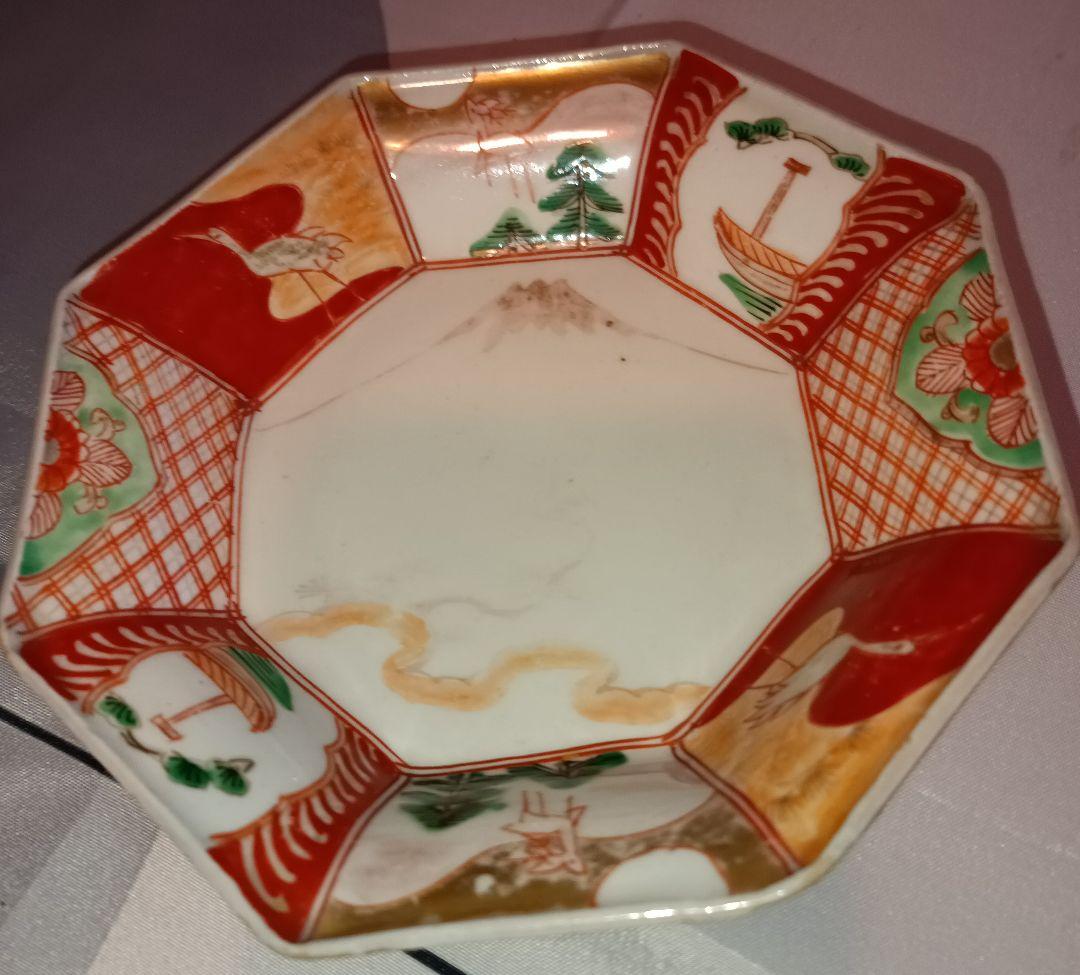 小伊万里焼　八角鉢　江戸時代後期　鶴亀　松竹梅　富士の図　吉祥文