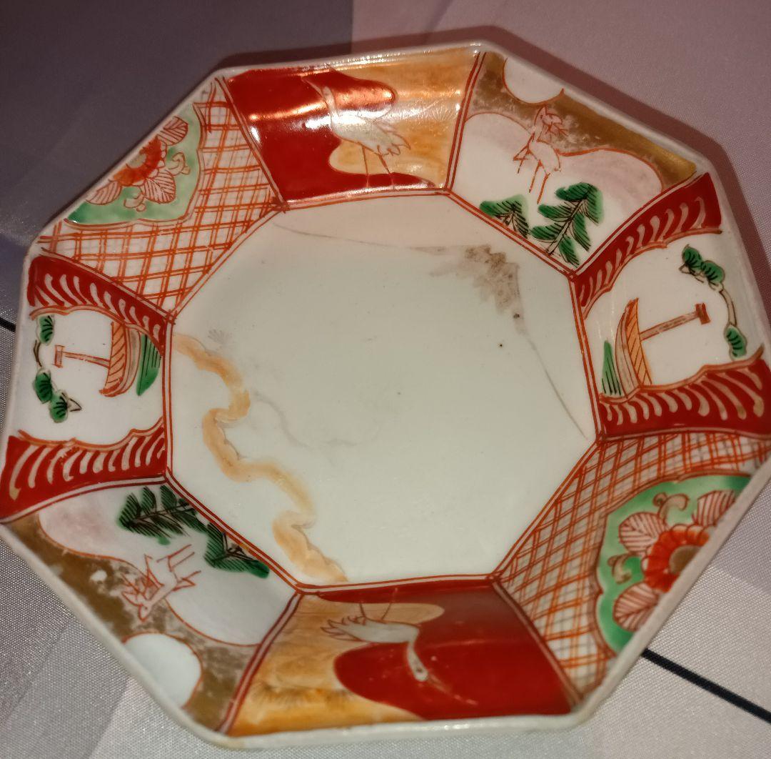 小伊万里焼　八角鉢　江戸時代後期　鶴亀　松竹梅　富士の図　吉祥文