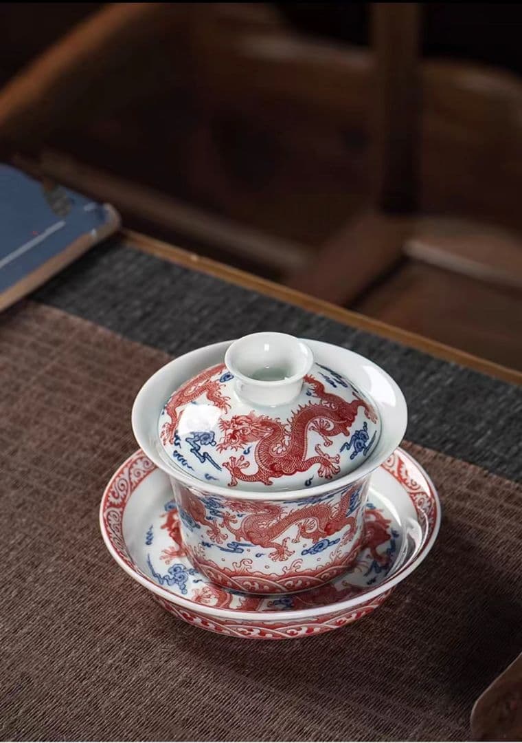 中国茶器 景徳鎮 九龍馬蹄三才蓋碗 茶杯 新品未使用