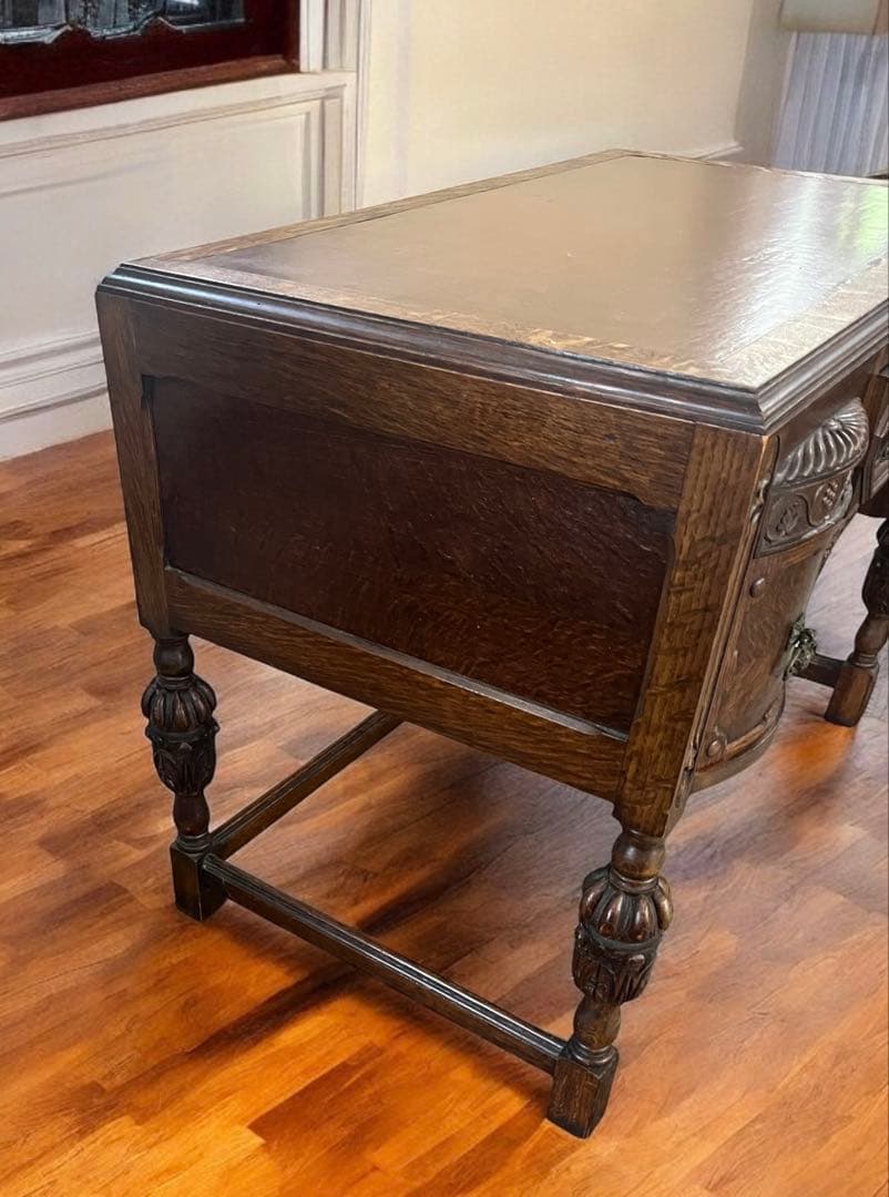 英国 アンティーク家具 デスク オーク 大型 真鍮 レザー張り