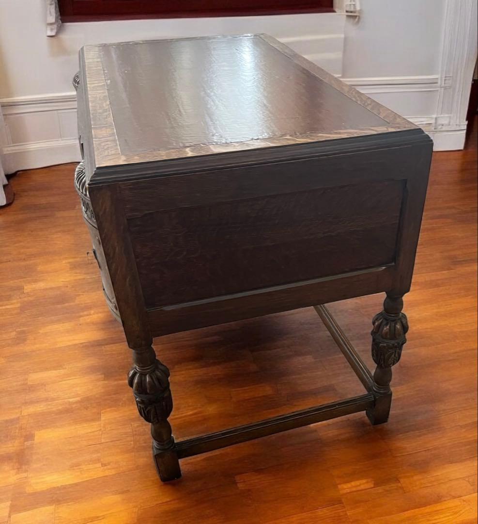 英国 アンティーク家具 デスク オーク 大型 真鍮 レザー張り