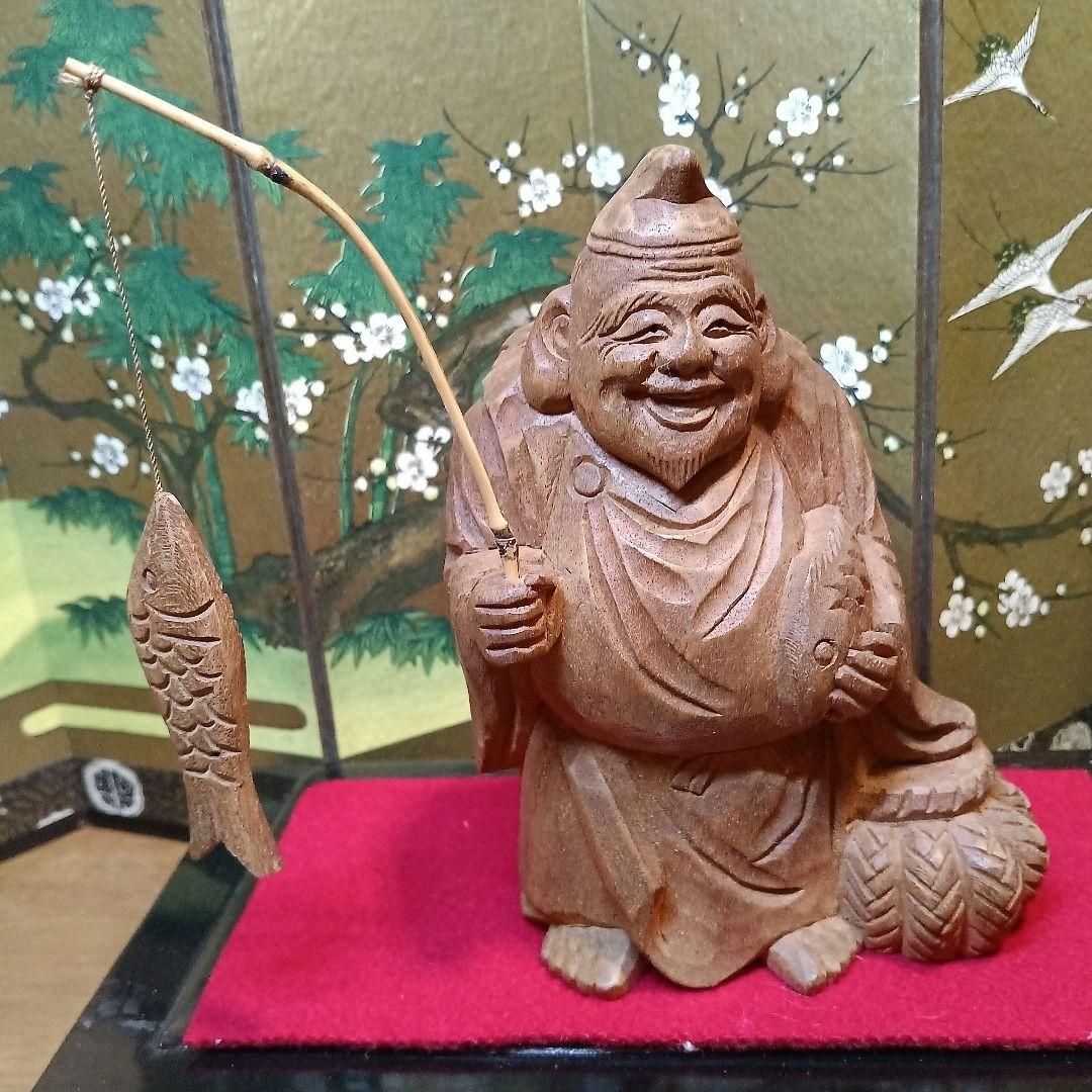骨董品　恵比寿:大黒　木彫り置物　屏風&台座付き　希少セット