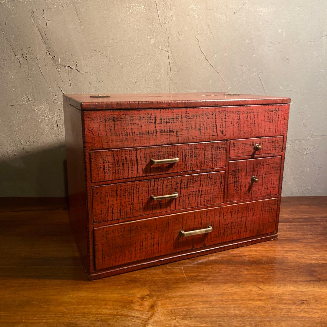 昭和レトロ 漆塗り針箱 小引き出し 裁縫箱 五杯 絣 漆芸 骨董品 古道具