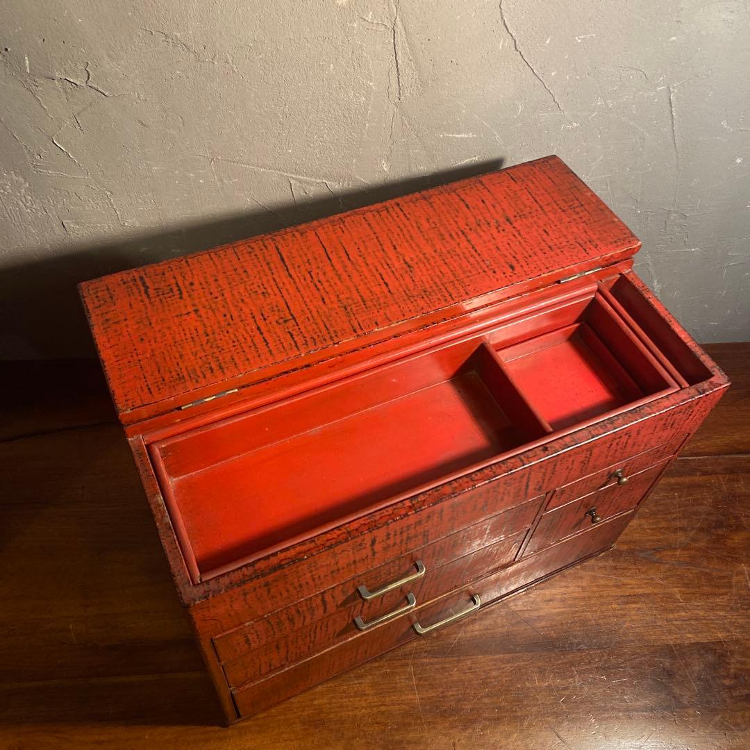 昭和レトロ 漆塗り針箱 小引き出し 裁縫箱 五杯 絣 漆芸 骨董品 古道具