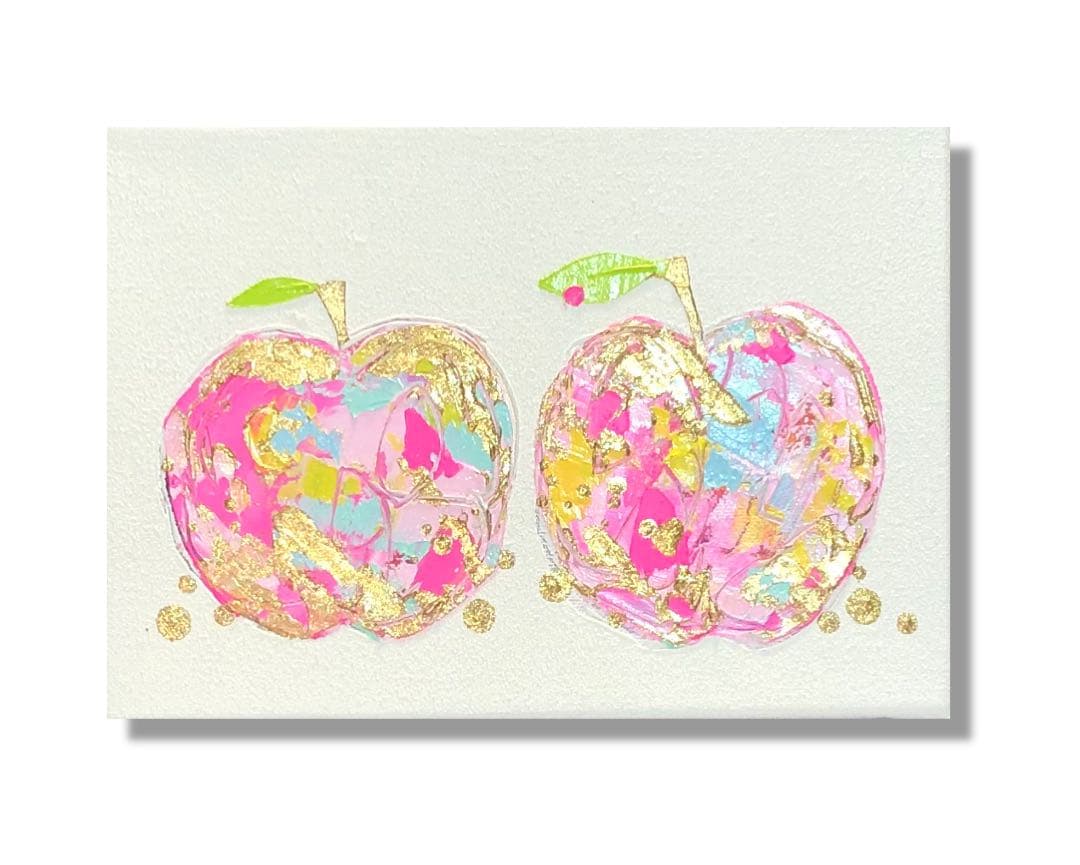 絵画　油絵　原画　一点物　リンゴ　ピンク　北欧　アート　インテリア　SM