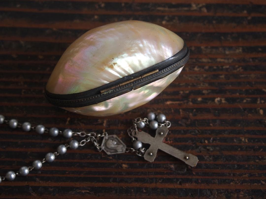 マザーオブパールのケース&ロザリオ 十字架 20世紀 聖遺物/K191