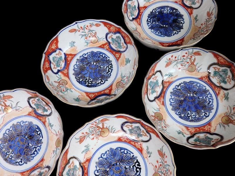 古伊万里　色絵　窓絵獅子　秋草に兎の図　膾皿　５客　D049AS-DBj