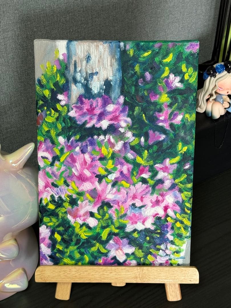「陽光とツツジ」　手描き　油絵　風景画　原画　油彩画　印象派　花