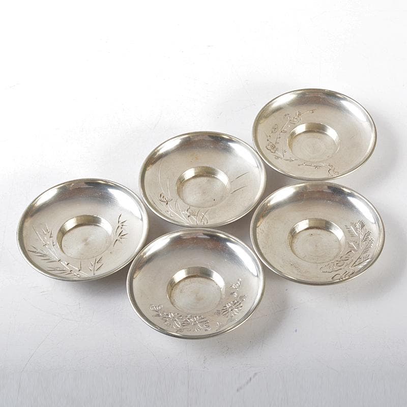 煎茶道具　古錫　錫仙製　彫金四君子刻絵変　茶托　五客　約341g　V　R5497