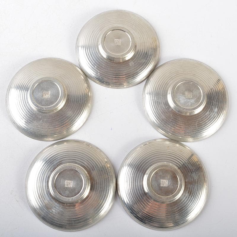 煎茶道具　古錫　錫仙製　彫金四君子刻絵変　茶托　五客　約341g　V　R5497