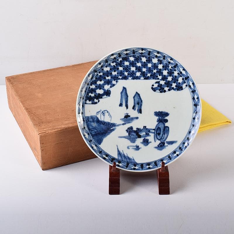古伊万里　初期伊万里　大明成化年製款　染付　山水文　飾皿　時代箱　M　R7968