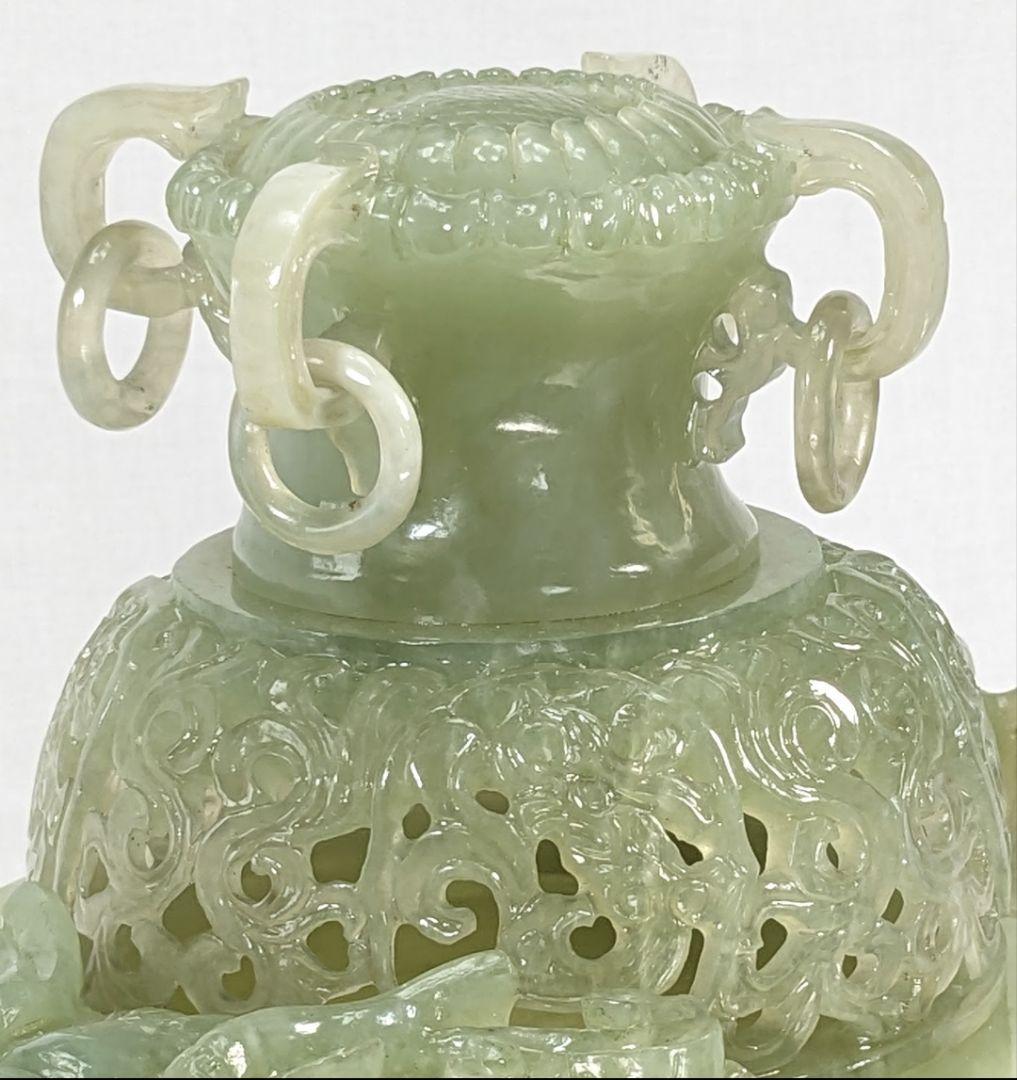 未使用　岫玉　天然石　特大香炉　遊環 龍 干支 透かし彫り 浮彫り 手彫り波唐草