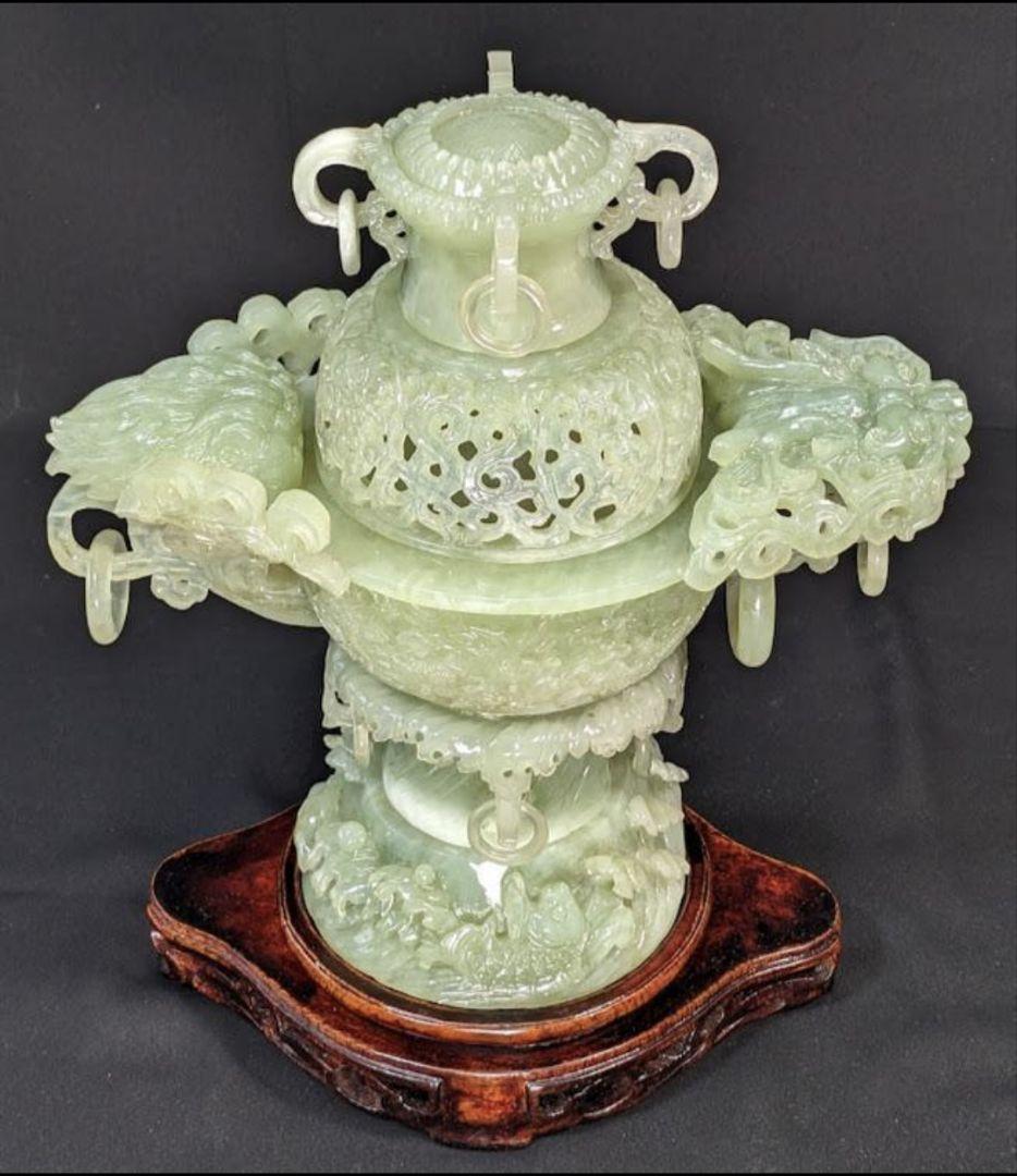 未使用　岫玉　天然石　特大香炉　遊環 龍 干支 透かし彫り 浮彫り 手彫り波唐草