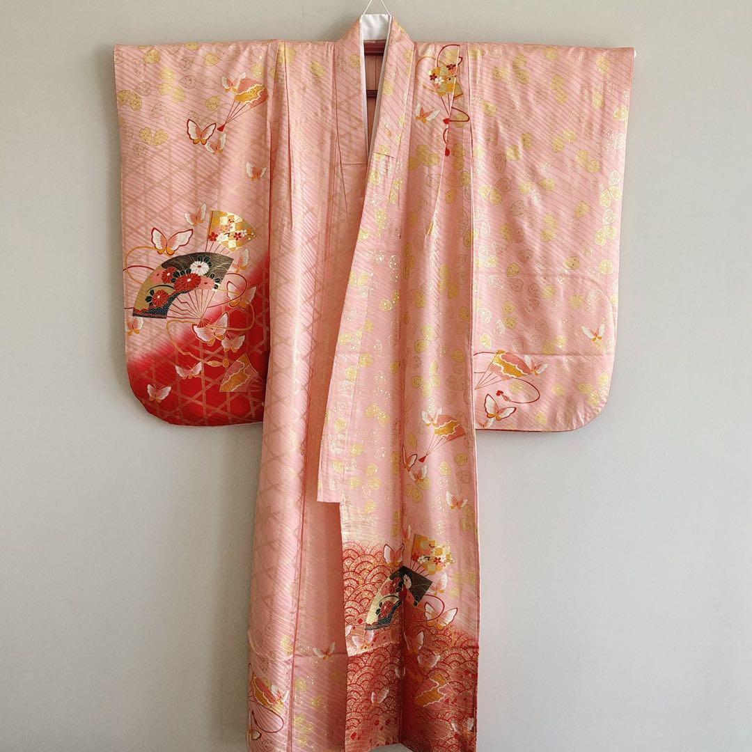 フルセット　七五三７歳女の子ピンク地　桜扇蝶　オレンジ袋帯　絹長襦袢7123