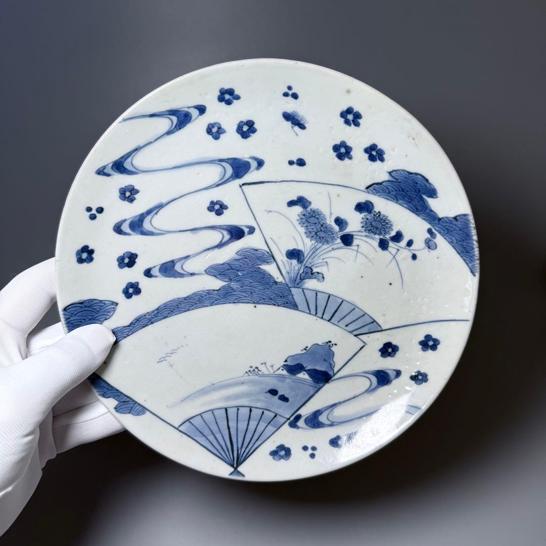 江戸中期　染付扇子文七寸皿　青海波　裏唐草文　コレクター放出品　状態◎ 寛政元禄
