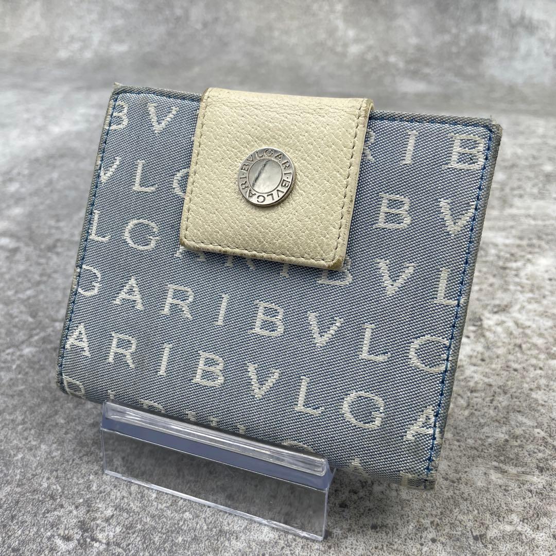 【微美品】BVLGARI ブルガリ 折り財布 総柄 ブルー レザー キャンバス