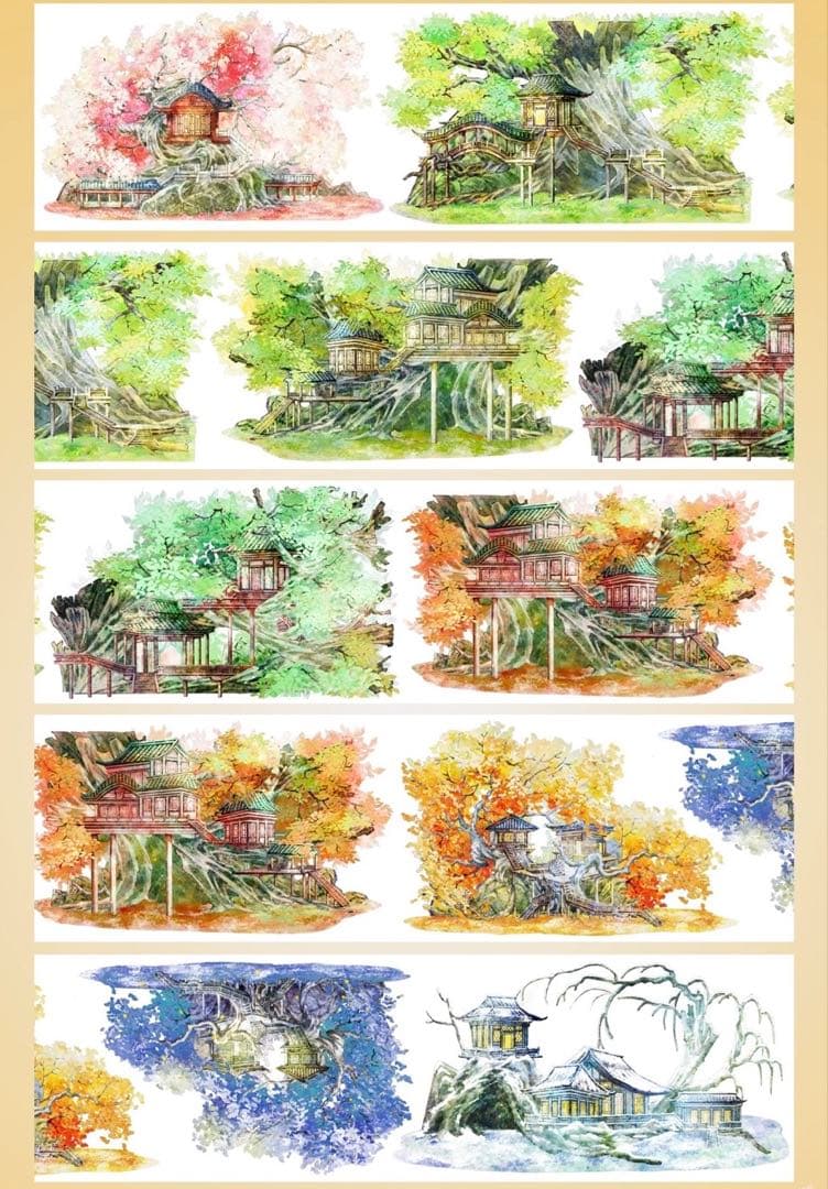 【9138】海外　マスキングテープ　5m巻売り　PETツリーハウス　装飾背景系