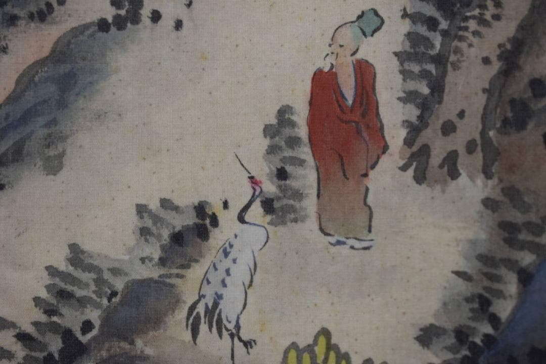 静山/塔山水人物図/掛軸☆宝船☆Y-783　JM