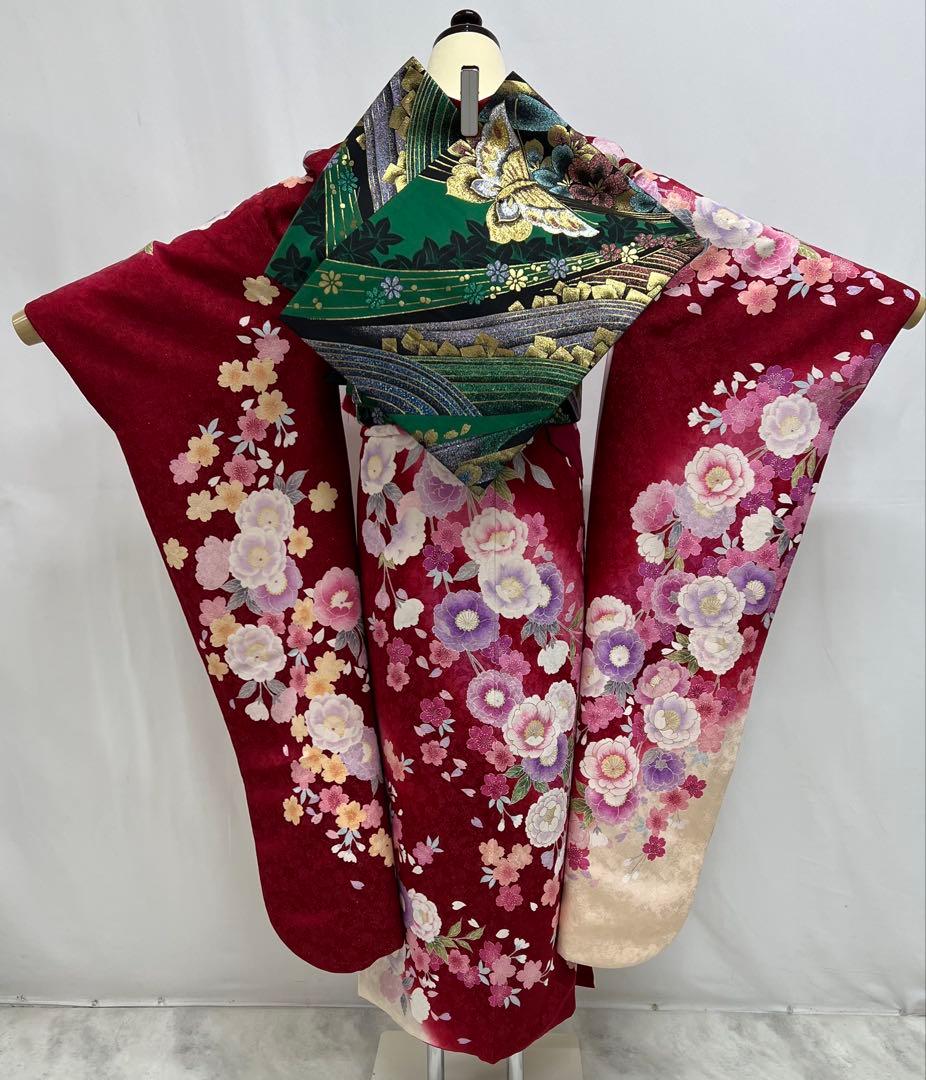 振り袖　フルセット　金彩加工　長襦袢付　刺繍入り　金通し　赤　花　664